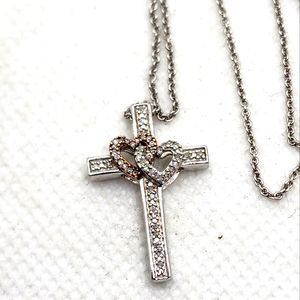 Cross & Hearts Necklace w Diamonds, 10K Rose Gold, Sterling Silver